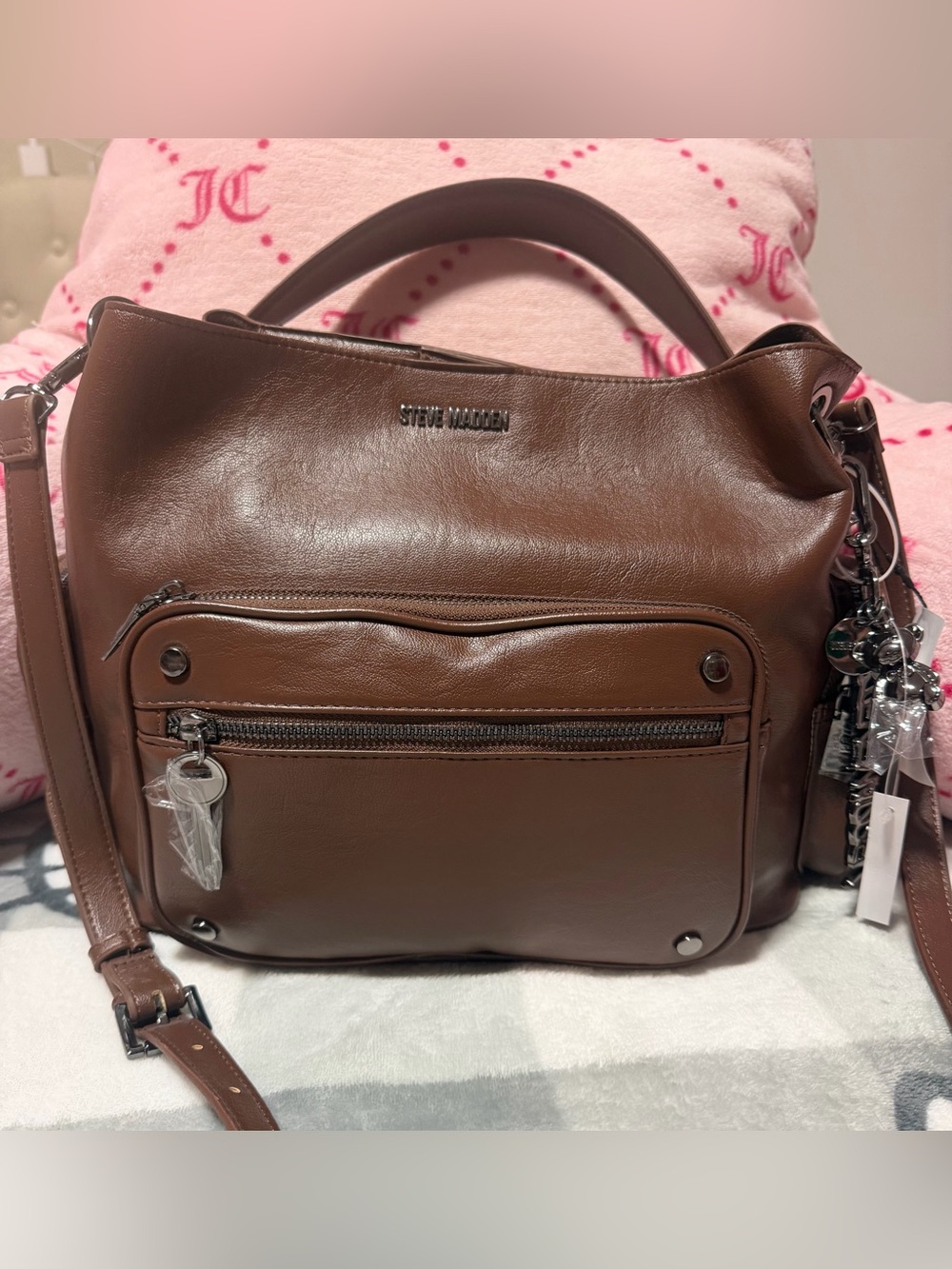 Steve Madden BKOLT Viral  Chocolate Brown Leather Shoulder Satchel/Crossbody Bag